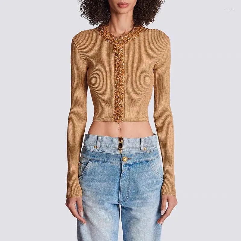 Damskie dzianiny 2024 Złota Gold Ceicjum Kardigan dla damskich długich rękawów Slim Fit Knitte Knitwear Top