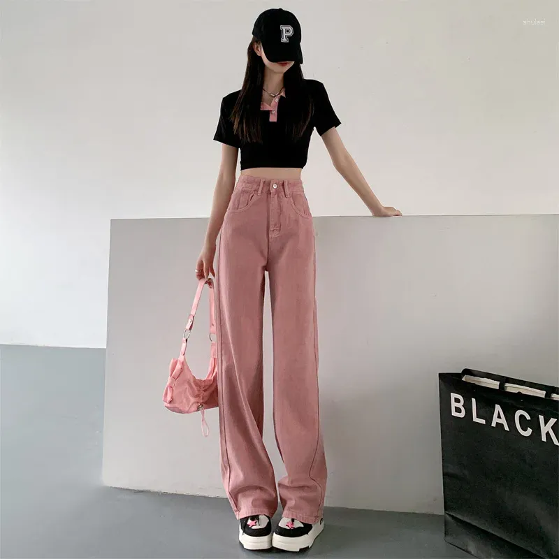 Women's Jeans Xs-2xl Womens Female Denim Pant Spring Autumn Button Full Length Wide Leg Loose Sweet Pink Ladies Trousers Clothes Hy61