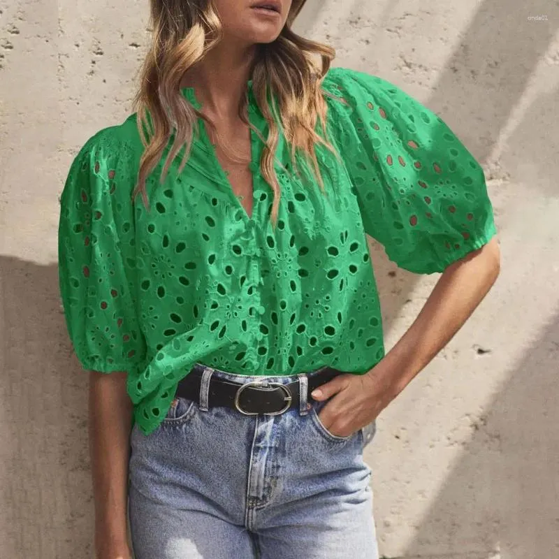 Kvinnors blusar Lantern Sleeve Top Stylish Summer Tops V-Neck Shirt Embroidered Blouse Streetwear Fashion Women