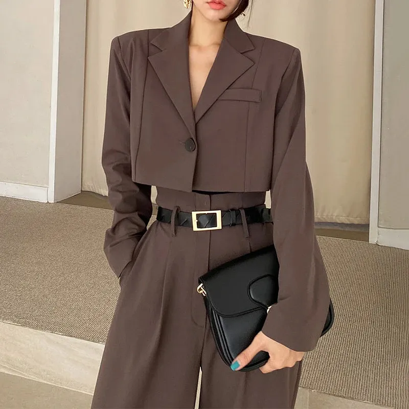 Office Lady Blazer Suits Vintage اثنتين مجموعة من النساء الأكمام الطويلة قصيرة الخصر على الساق واسعة الساق 2 ملابس 240326