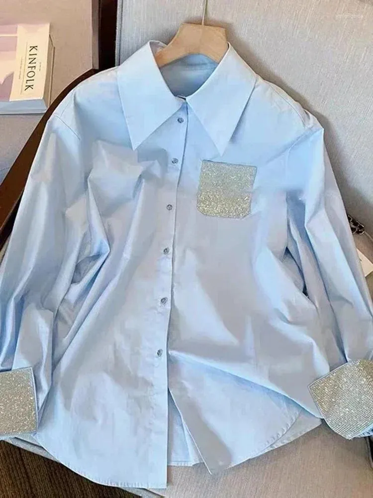 Frauenblusen Frühling elegant französische schicke blaue Knopf Shirt Lose Pass