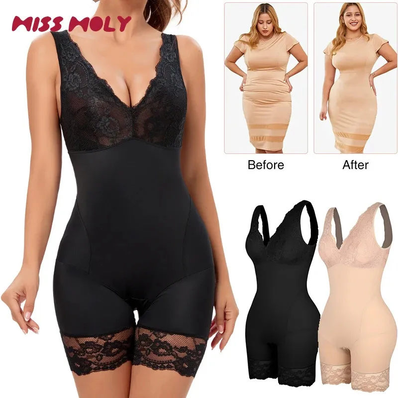 Şekillendirme şekillendirme bodysuit kadınlar tam vücut şekillendirici dantel v boyun karın kontrol shapewear sıska tulum tulumları kadın 240407