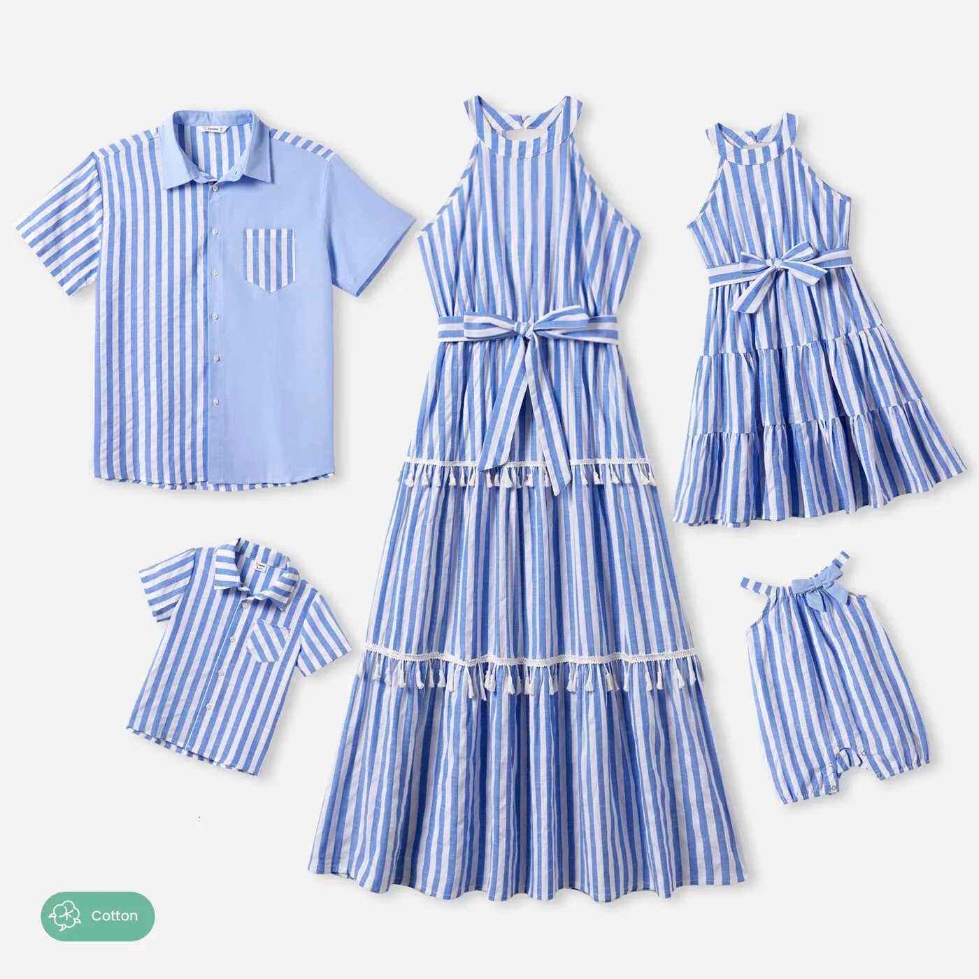 Patpat Family Matching Stripe Shirt och High Neck Halter Tiered Tassel Trim Dress Set 240327