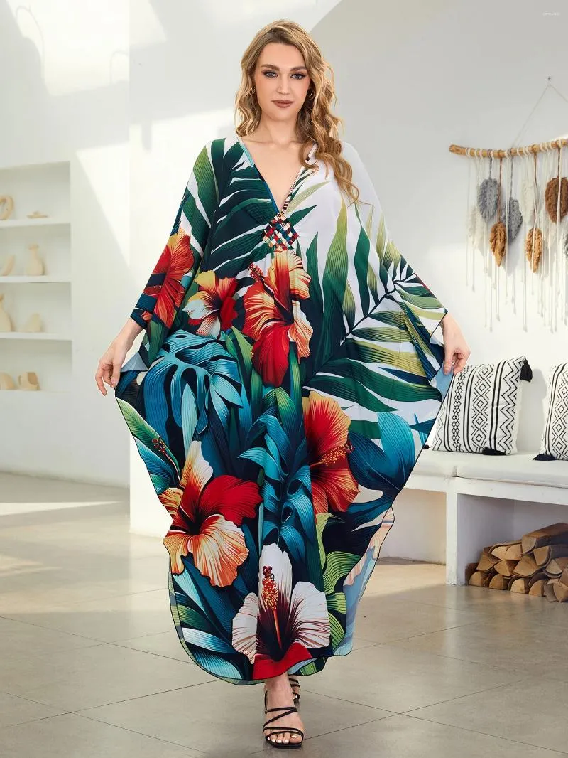 Tropikalne nadruk rośliny plus size kaftan house szatę seksowne strój kąpielowy na plaży 2024 letni wakacyjny sukienka plażowa Q1636