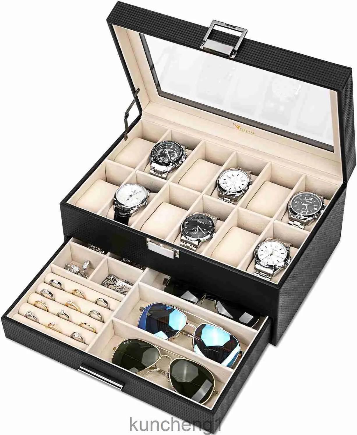 VOOVA Jewelry Box Organizer for Men Women 2 capas Grandeo de 12 tragamonedas PU Reloj Case de almacenamiento de vidrio Soporte de joyas de vidrio para relojes Anillos de gafas de sol B