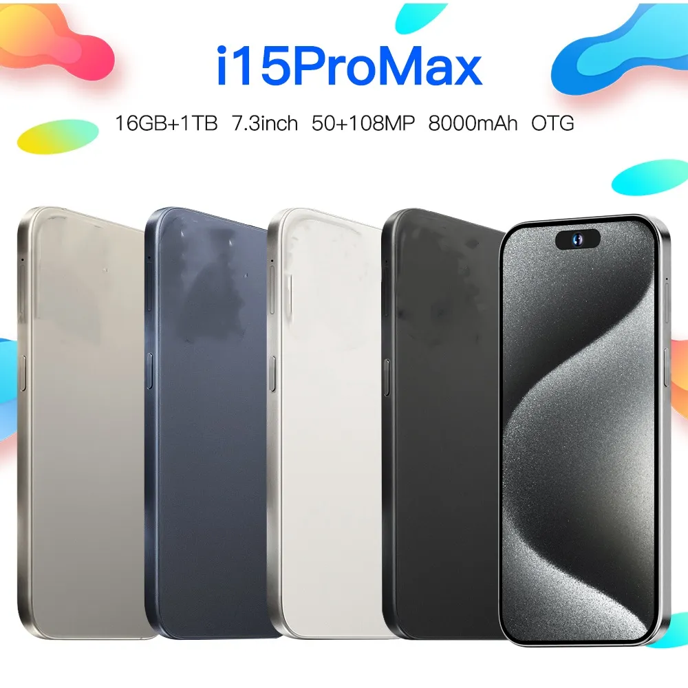 I15Promax Android Smartphone Tact Screen Color Screen 4G 8 Go 12 Go 16 Go RAM 256 Go 512 Go 1TB ROM 7,3 pouces Le capteur de gravité d'écran HD prend en charge plusieurs langues