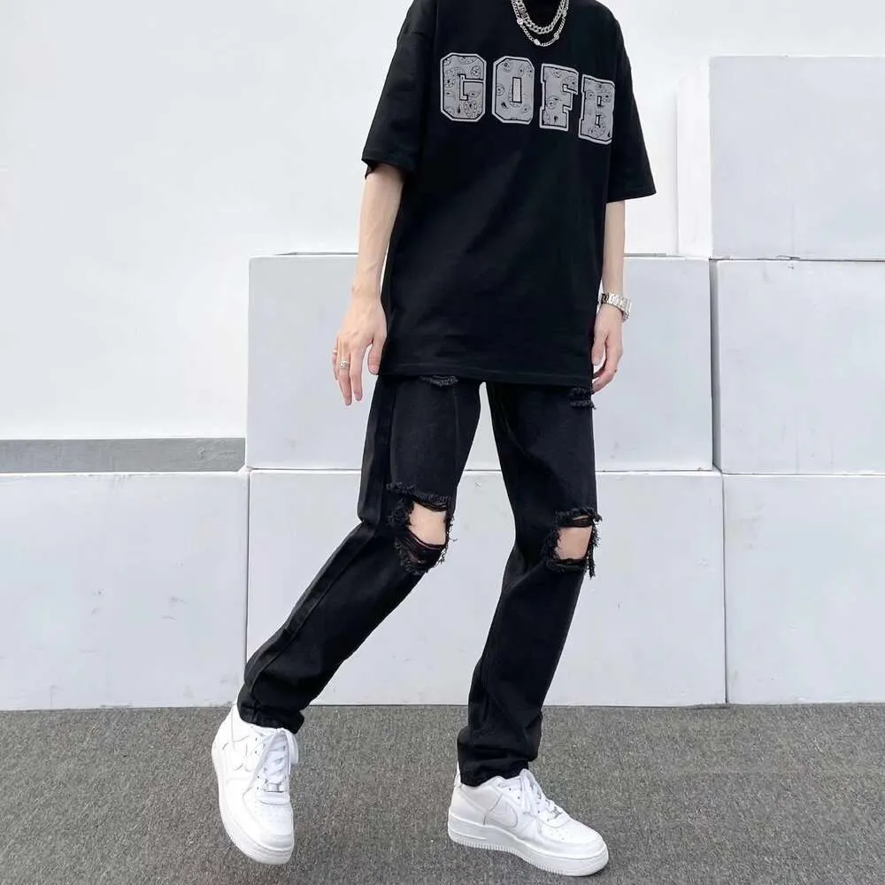 High Street Distressed Trendy Jeans for Women and Men, Slim and Straight Leg Pants for Hiphops, Distressed Beggar Pants, Trendy Men's Pants