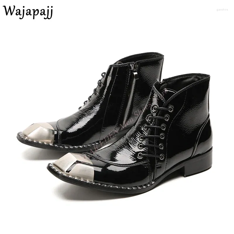 Boots Style Metal Pointed Toe Men Leather Ankle Side Soe Up and Zipper Male Black High Top Ballroom Party Short Shoes