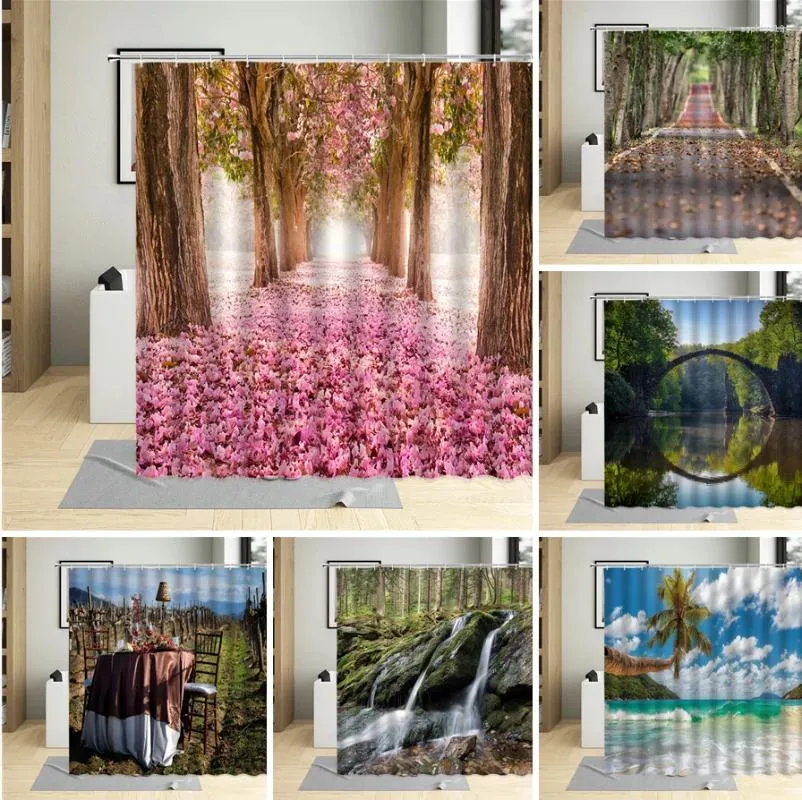 Shower Curtains Flower Plant Landscape Curtain Cherry Blossom Waterfall Green Forest Manor Arch Bridge Ocean Scenery Bathroom Set