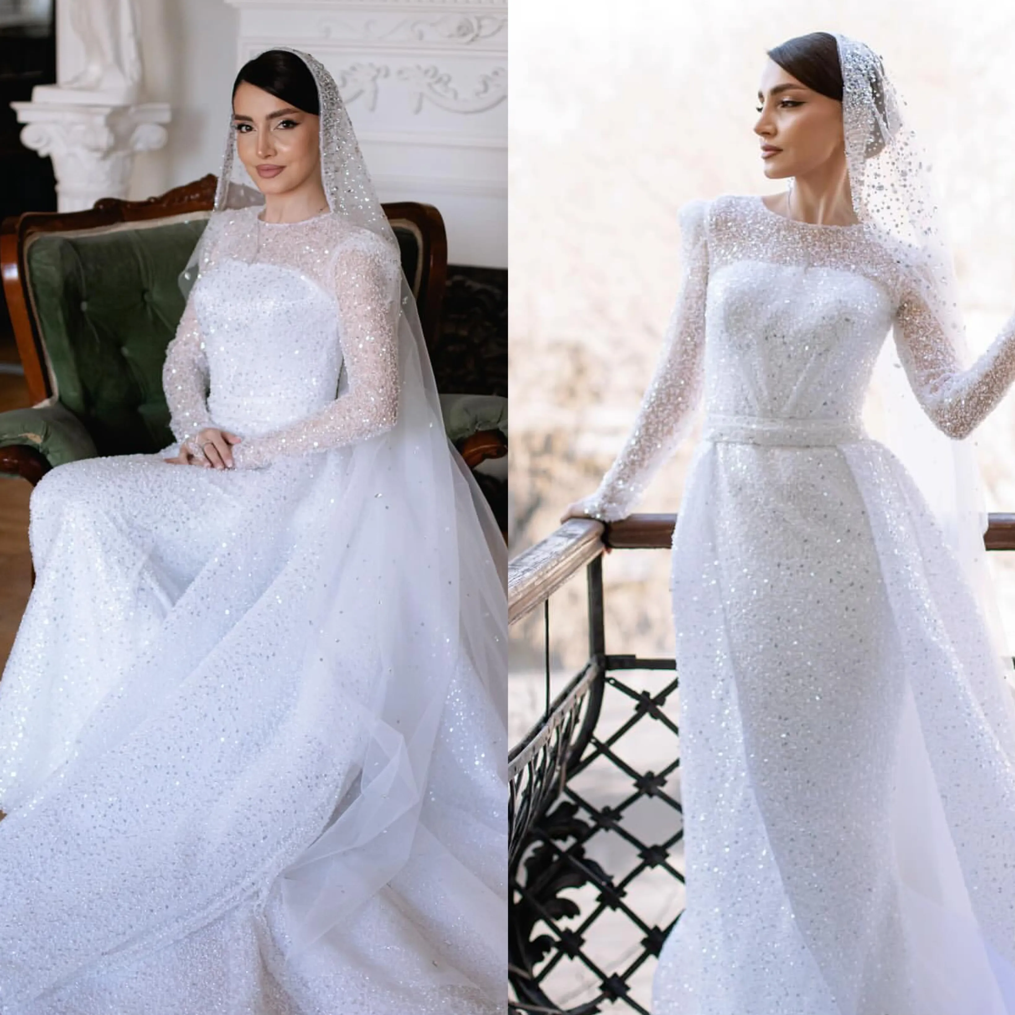 Великолепные блески для оболочки для длинных рукавов свадебные платья свадебные платья с съемным поездом Саудовской арабской невесты