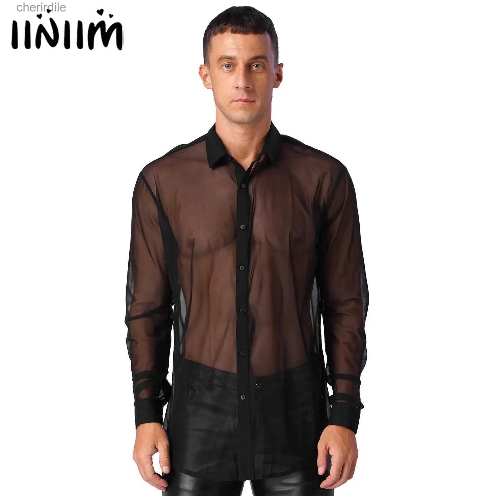 Casual shirts voor heren Iinim Mens mode zie door mesh lange mouwen clubkleding flip kraag club avondjurk widlook shirt yq240408