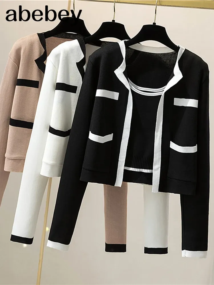 Sweatshirts Autumn Winter Fashion Korean Knit Set Women Casual Loose Long Sleeve Cardigan+ärmlös Slim Strap Tops Two Piece Set