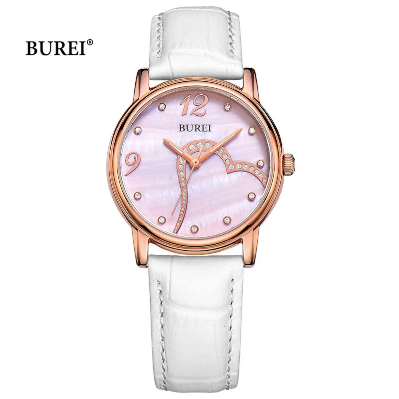 Burei Brand dames mode rose or watch fomes luxe étanche saphir cuir en cuir décontracté.