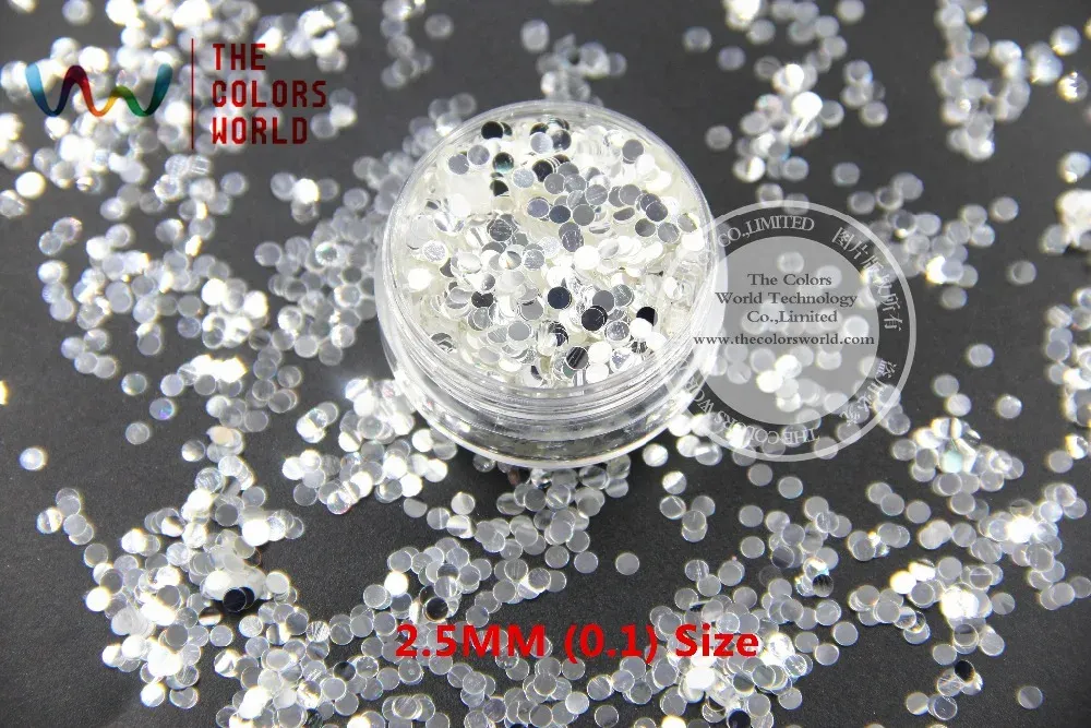 Paillettes TCY001 Blanc de tibias avec couleurs argentées forme de point rond 2,5 mm poussière de paillettes pour les ongles ou autre décoration de bricolage