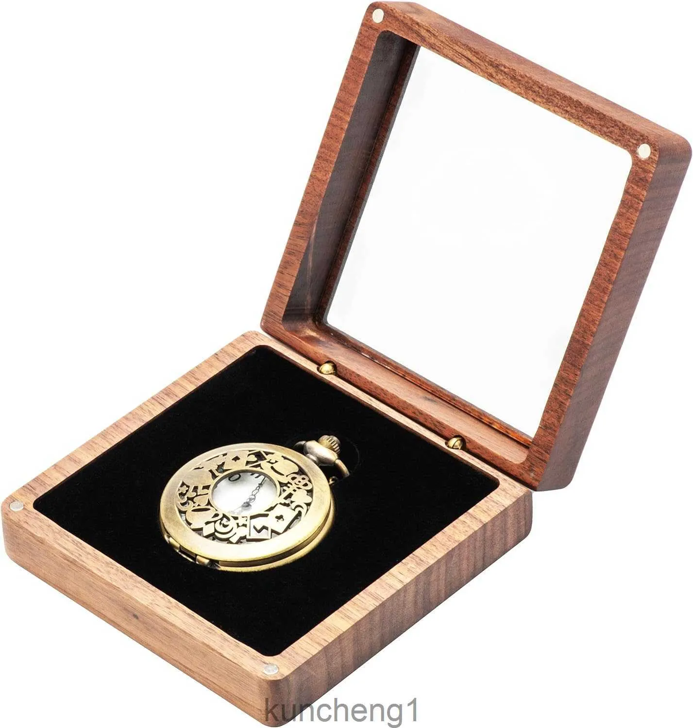 Walnut Wood Pocket Watch Presentlåda med tydligt akryl lock Portable Single Pocket Watch Display Storage Travel Case Organizer för män kvinnor