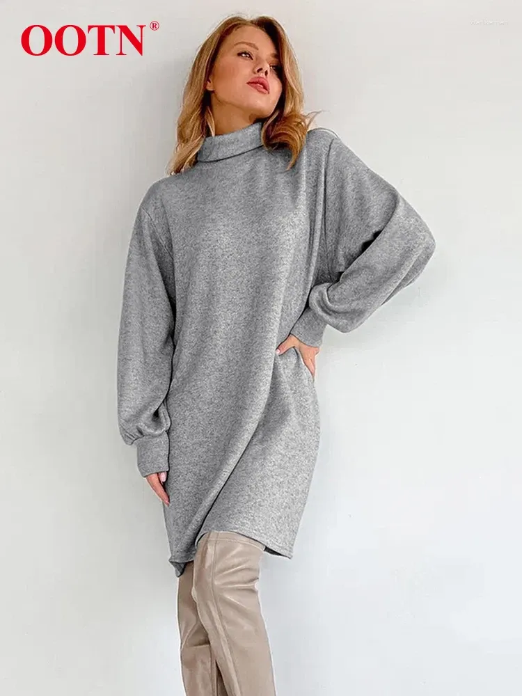 Casual Dresses Elegant Gray Turtleneck Mini Dress Knitted Street Long Sleeve Straight Women Loose 2024 Autumn Winter