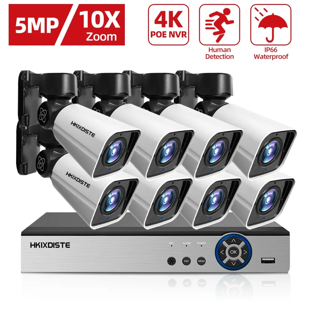 Sistema 8CH 4K POE NVR 5MP Sicurezza PTZ 10x zoom fotocamera POE IP Kit di sicurezza di sicurezza esterno Rilevamento umanoide CCTV Impostazione P2P H.265