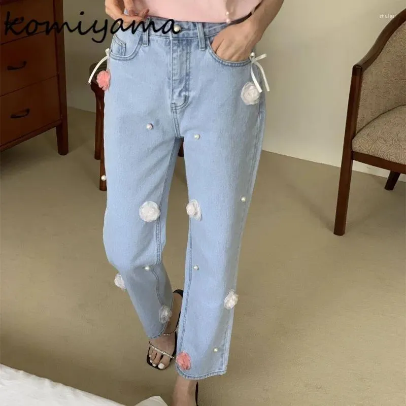 Jeans femminile patchwork perle floreali pantalones tasche ropa mujer in vita alta donna pantaloni in denim