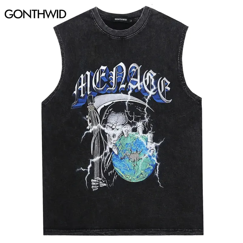 الهيب هوب للرجال TANK TOP Y2K خمر GRIM REAPER جمجمة الهيكل العظمي الرسوم البيانية t-shirt t-shirt harajuku summer punk غسل السترة 240407