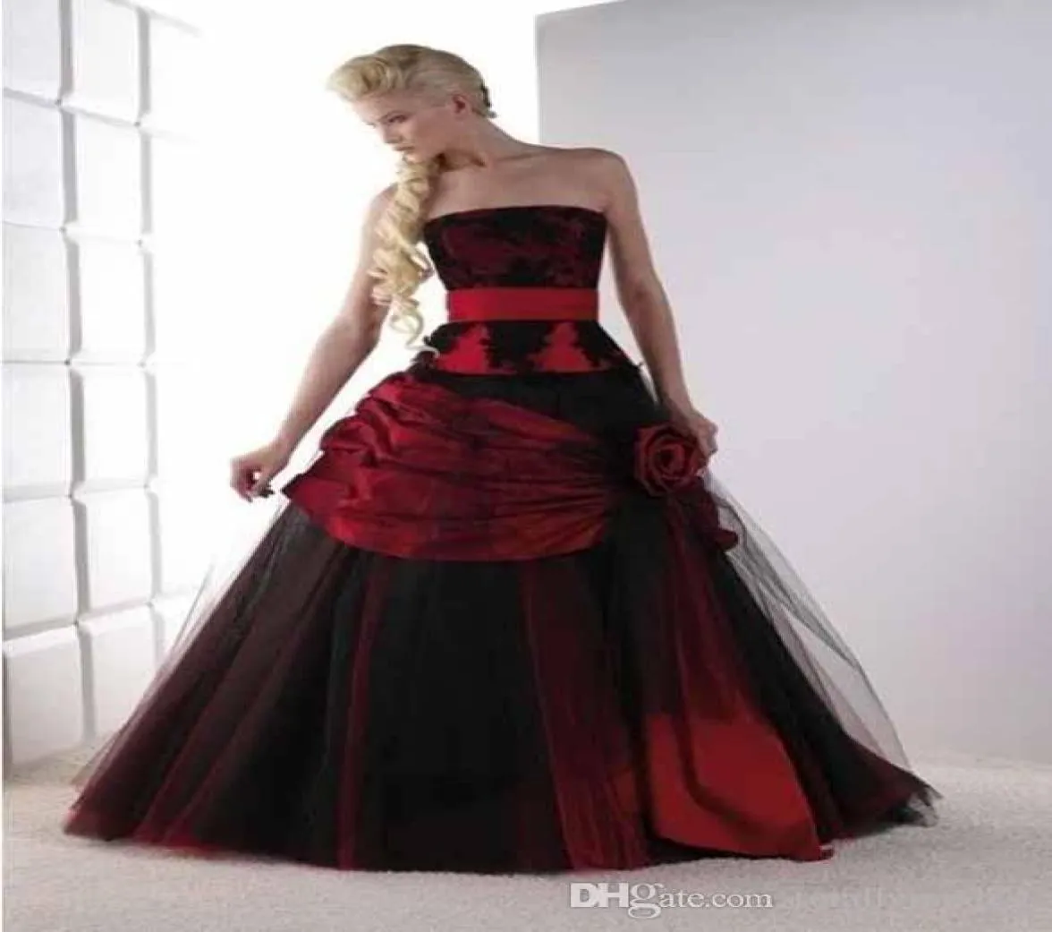 Vintage Siyah ve Kırmızı Gotik Gelinlik Straplez Dantel Tül Korse Geri Beyaz Olmayan Gelinlikler Renkli Couture Özel Made8656496