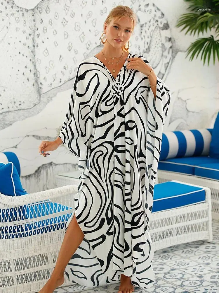 Sexy zebra gestreepte bikini cover-ups casual v-neck side split herfst/winter strandjurk vrouwen dragen zwempak cover Up Q1297