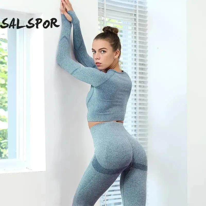 Salspor Women Fitness Yoga Suit Sport Gym Lange Mouw Hip Pants Training 2 PCS Set kleding vrouwelijk ensemble sport fietsen slijtage240325