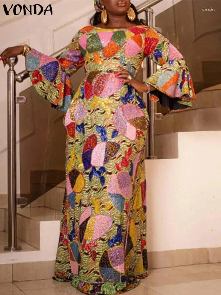 VONDA Elegant Plus Size Maxi maxi dress with Flare Sleeves and Printed Shirt Perfect for Autumn Parties and Casual Wear 5XL