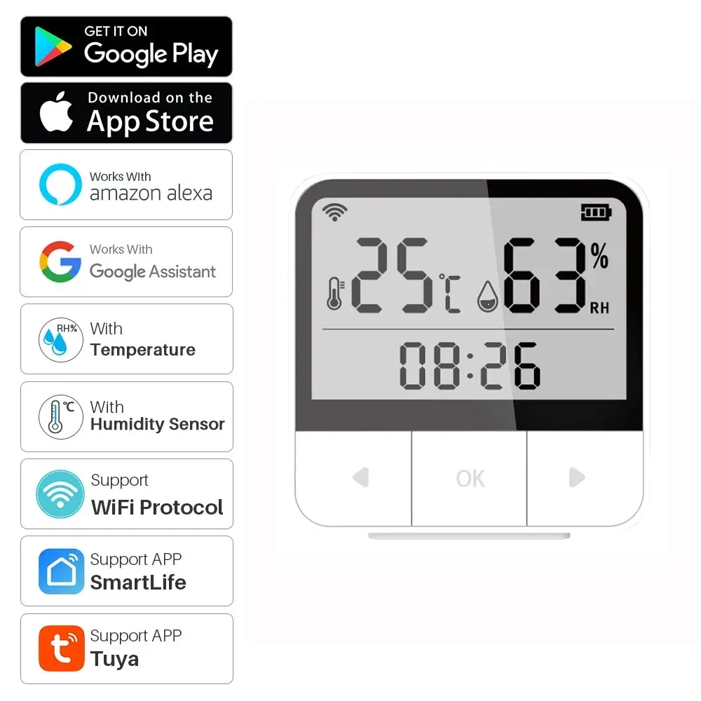 Tejp Tuya WiFi Temperaturfuktighet Sensor inomhus Hygrometer Termometer Detektor Smart Life Remote Control Support Alexa Google Home