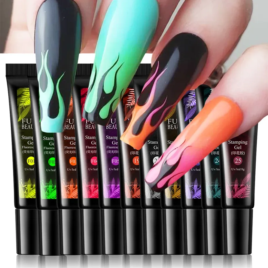 Gel 8 ml gelfärgstämpeluppsättning fluorescerande grön gul gel nagellack semi permanent lack för nagelkonst stämplar LE19161