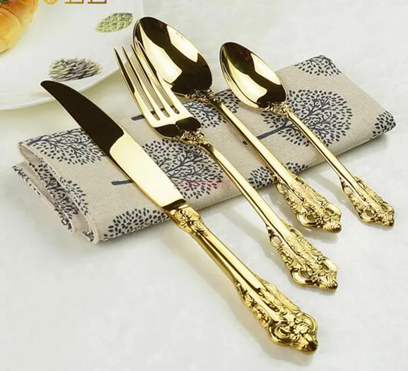 Golden Plated Cutlery Set Stainless Steel Knife Forks Teaspoon Gold Dinnerware Wedding Christmas Tableware