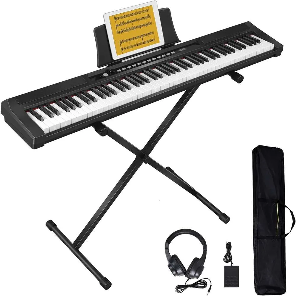 88 Key semi-ponderados de piano digital elétrico conjunto para iniciantes com suporte, estojo de transporte, pedal sustentado, fones de ouvido-teclado preto portátil compacto