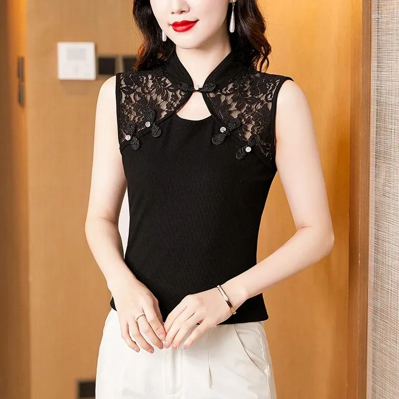 Women's T Shirts Chinese Style Sexy Lace Patchwork Knitted Shirt Sleeveless Vest Tops Fashion Summer Women