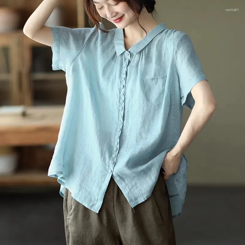 Blouses des femmes Nini Wondi Grafer 2024 Summer Ramie Shirt Casual Coll Turn-Down Coll Color Color Blouse Mori Girls Style Tops