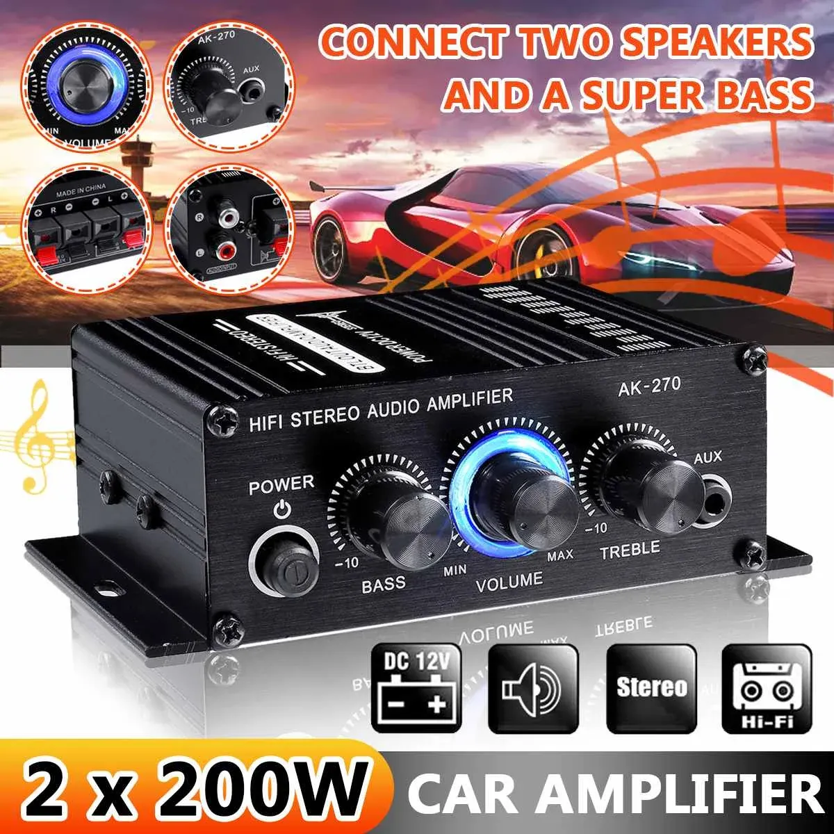 Усилитель AK370/270/170 400W 12 В Усилитель Hifi Stereo Home Car Bass Audio Amp Car Disceer Class D Car Home Sound Power Aux Aux