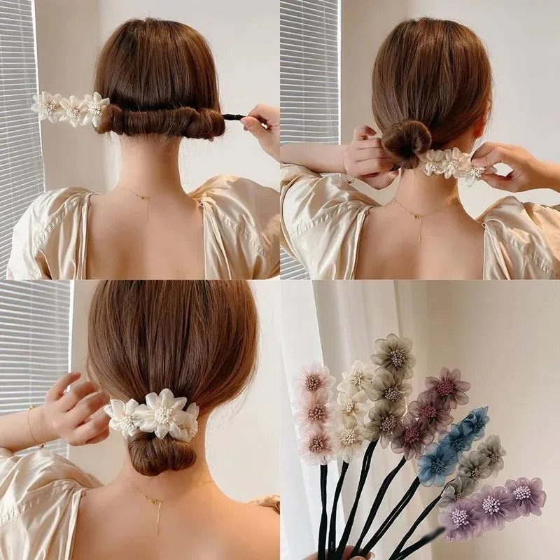 Women Elegant Bud Chiffon Flower Bun Maker Hairstyle Making Long Tool Sweet Hair Braide Rope Hairbands Korean Accessories