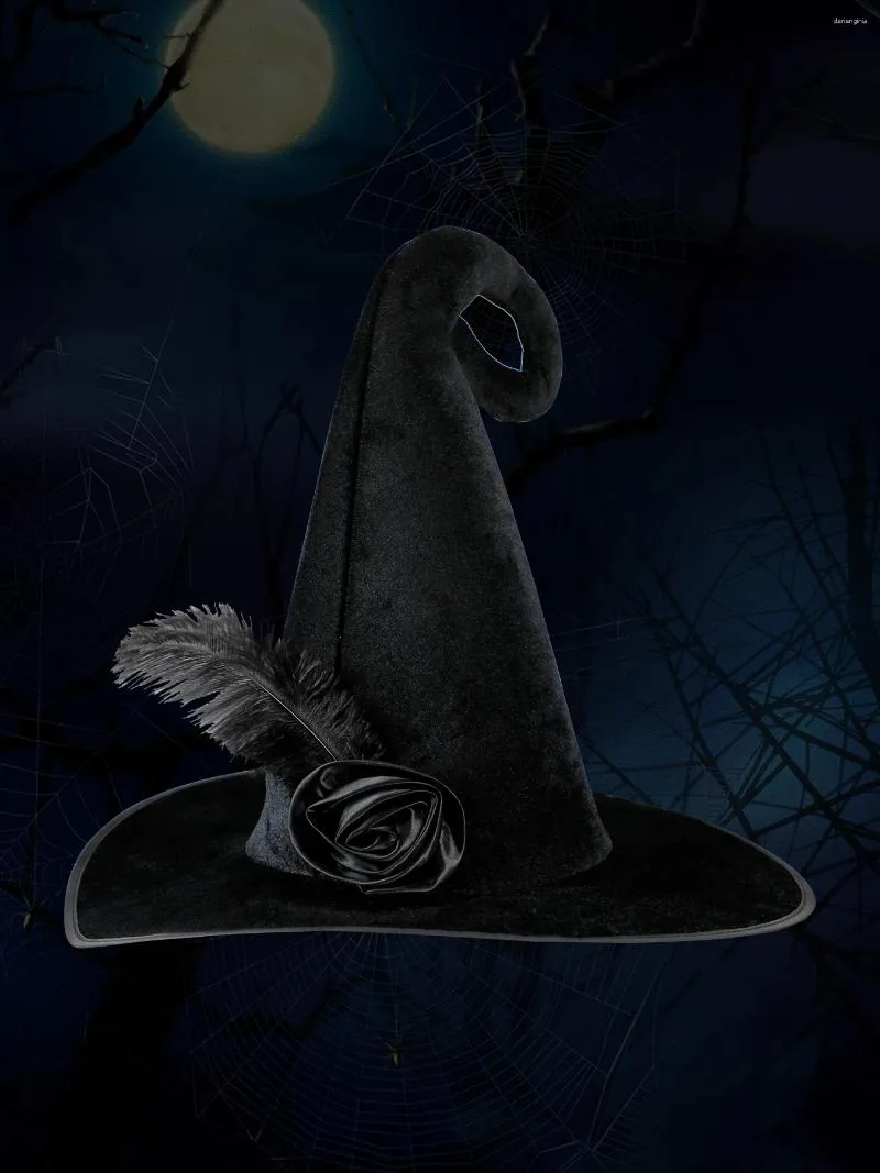 Berets 1 Piece Black Wool Felt Feather Decorated Halloween Party Hat Witch Devil Pointed Costume Atmosphere