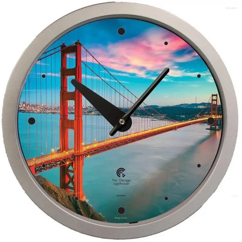 Relojes de pared San Francisco Golden Gate Bridge REDONDE REDONDE 14.5 "Pantalla analógica plateada de interior