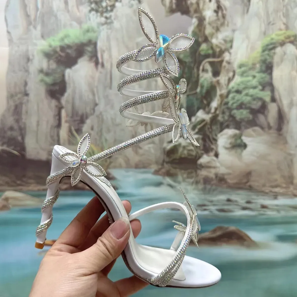 Rene Caovilla High Heel Sandals Designer Women Dress Shoes 9.5 Cm Serpentine Wraparound Crystal Foot Ring Fashion Party Shiletto Shipleto New New