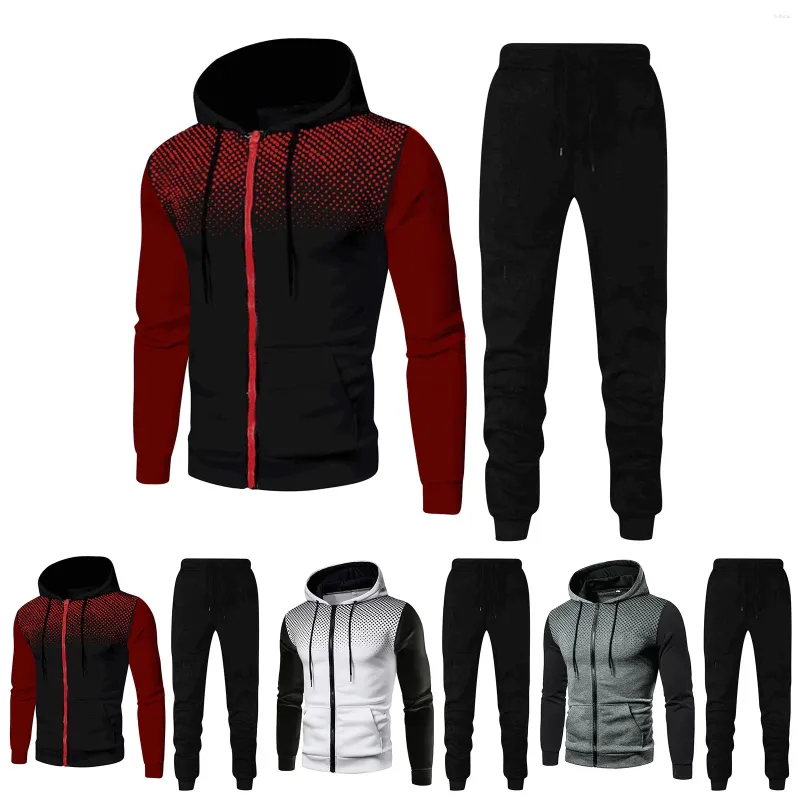 Os trajes masculinos da primavera e do outono de duas peças conjuntos de mangas compridas com capuz de bolinhas com capuz calças esportes de fitness casual fitness