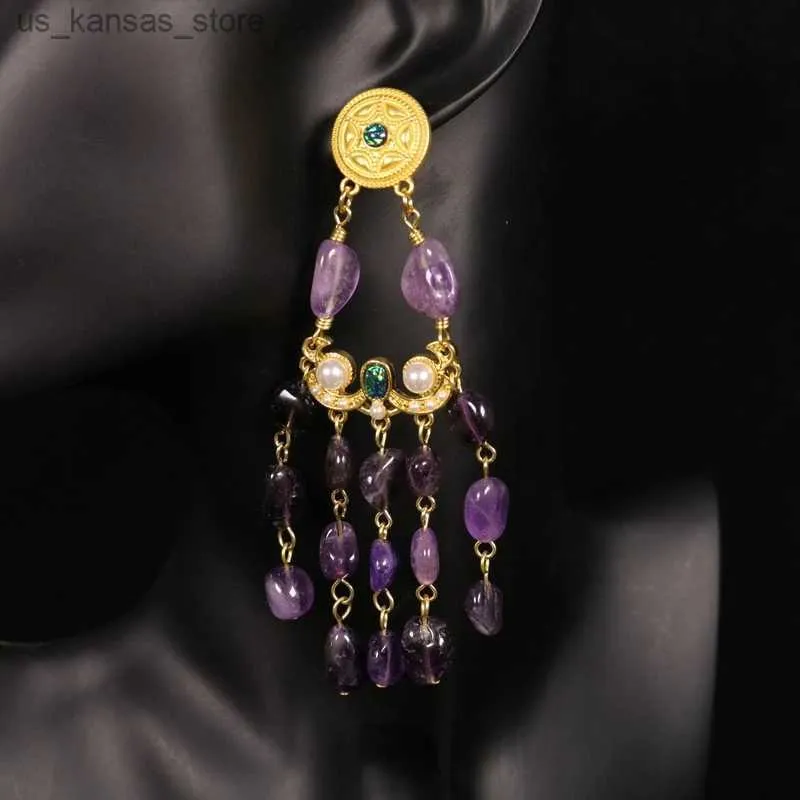 Charme Style Court Vintage Stone Natural Purple Irréguleux Long Sweeping Boucles d'oreilles Pendre des bijoux de délicatesse avancée pour les femmes240408
