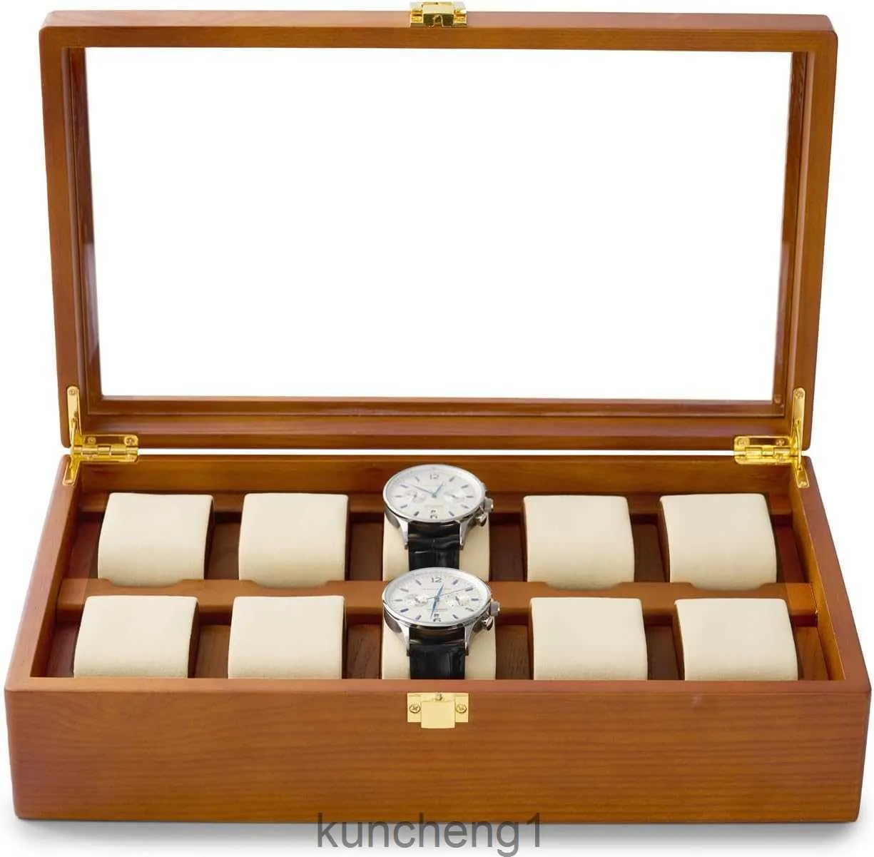 Case d'oro di orologio in legno di orologio Organizzatore della scatola di orologi con coperchio acrilico 10 griglie per orologio con cuscini rimovibili (beige)