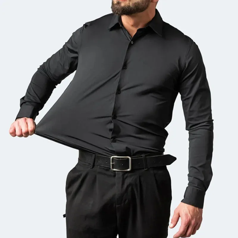 Plus 6xl Mens Social Shirt Autumn Spring Business Dress Shirts Icke-Iron Casual Solid Vertical Black Slim Fit Elastic Clothe 240329