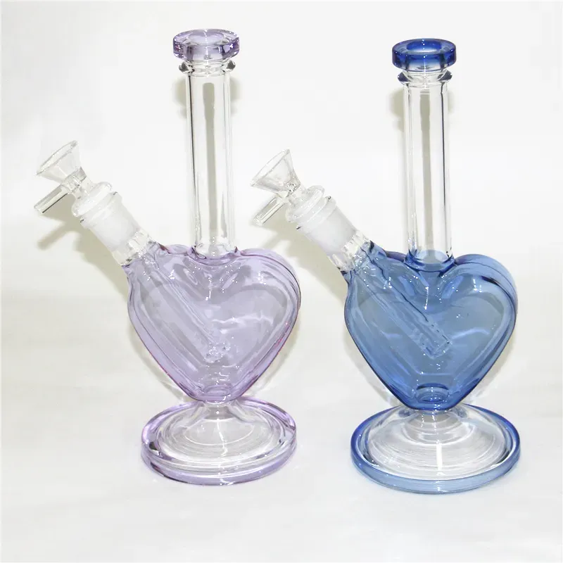 Heart Shape Pink Green Blue Color Hookahs Glass Bongs Water Pipes Oil Rig Dab Rigs with 14mm Smoking Dry Herb Bowls