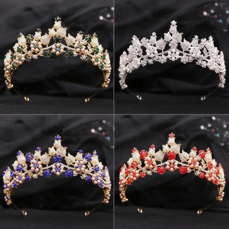 Headpieces Fashion Bride Crown Headdress Rhinestone Crystal Pearls Flower Tiaras Bridal Diadem For Wedding Pageant smycken Tillbehör
