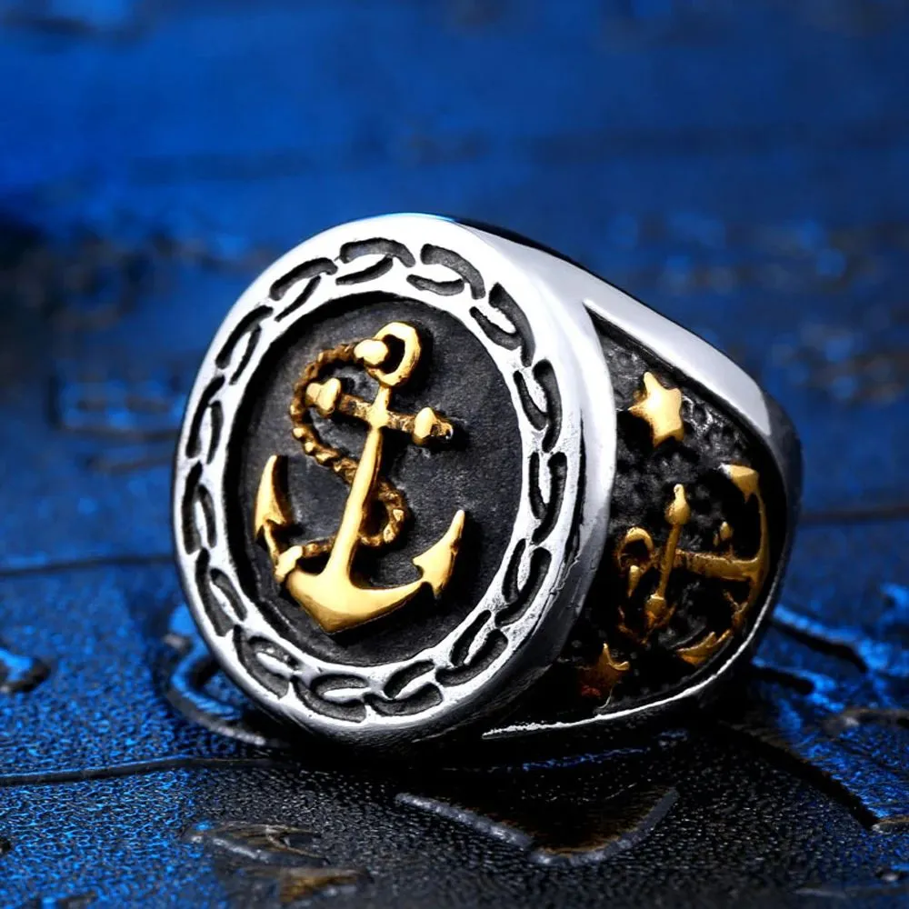 Vintage Viking Anchor Ring for Men Boy Punk Hip Hop Anchor Seal Steel/Gold Color Viking Ring 14K Gold Jewelry Gift