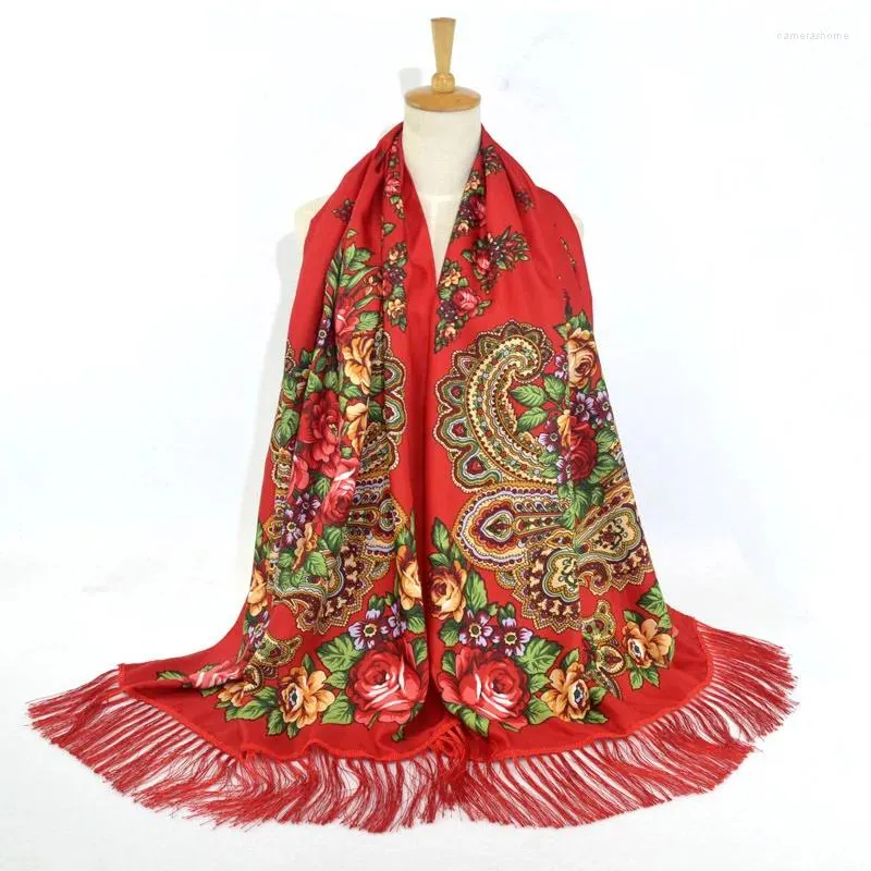 Scarves 70 200cm Russian Style Floral Print Scarf Women Luxury Flower Ethnic Shawls Ukrainian Fringed Handkerchief Wraps Pashmina