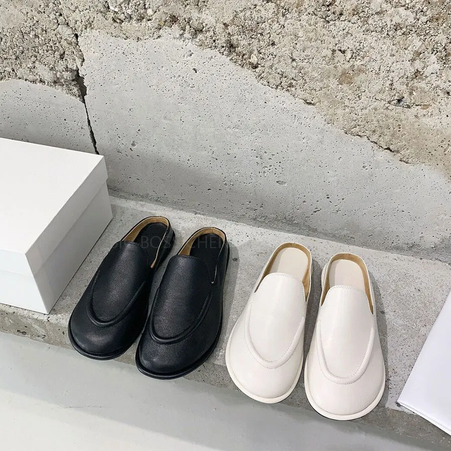 minimalismo i sandali a righe dita rotonde muli piatti scivoli scivolosi su scarpe in pelle pannelli di design di lusso per calzature di fabbrica femminile con scatola