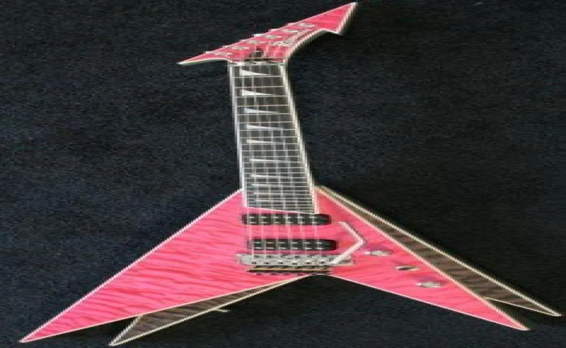 Jack Son Ed Roman Vinnie Vincent Black Pink Flying V Guitare électrique matelassé Maple Top Sparkle Siver côté dos floyd rose trem6282251