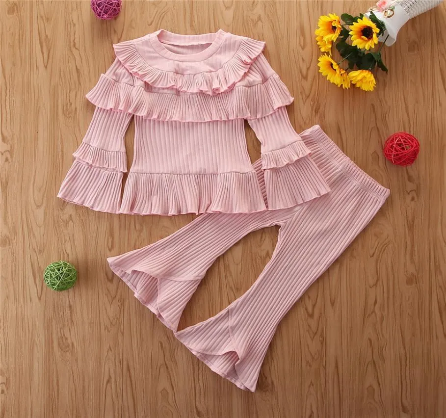 Baby Girl Clothes 2019 Spring Autumn New Two Pieces Set Kids Toddler Cute Pink Long Sleeve Top and Fleared Pants Ruffles Sets Girl3071869