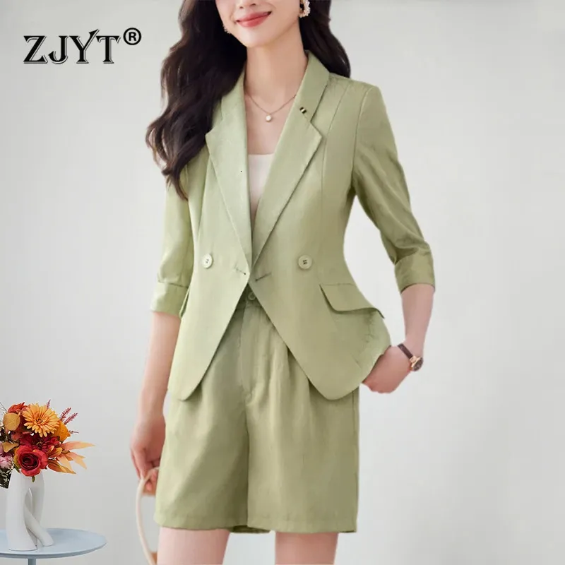 Zjyt elegant zweiteilige Blazer -Shorts für Frauen drei Viertel Ärmeln Jacke Office Lady Suits Casual Outfit Sommer 240408